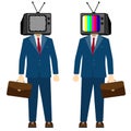 TV on head man. Television propaganda, fake news. Businessman character, vector