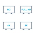 TV icons vector set. HD, Full HD, 4K, 8K Video Resolution Icons. Display screen with different quality. Editable stroke Royalty Free Stock Photo