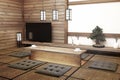 Mock up TV Japan - Smart TV on table in room Japanese style with lamp and bonsai tree. 3D rendering