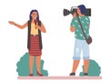 TV journalist or news reporter speaking with microphone before cameraman in the street, flat vector illustration