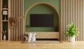 TV LED on cabinet in modern living room on dark green wall background Royalty Free Stock Photo