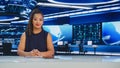 TV Live News Program: Professional Female Presenter Reporting on Current Events. Television Cable