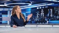 TV Live News Program with Professional Female Presenter Reporting. Television Cable Channel