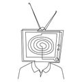 TV instead of a man head continuous line drawing. Minimalist style illustration of hypnotized person. Propaganda concept