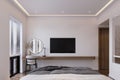 TV and Mirror attached to the white wall near the window, 3D rendering