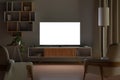 Tv mockup in living room at night. Tv screen, tv cabinet, chairs, bookshelf Royalty Free Stock Photo