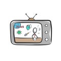 Tv news. News about coronavirus. Breaking world news. Hand drawn. Stickman cartoon. Doodle sketch, Vector graphic illustration