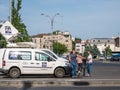 Tv news crew from Digi 24 television filming the coronavirus protest in Victoriei Square Piata Victoriei, in front of the