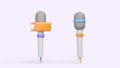 Tv news microphones 3d animation icon set. Cartoon render mics turning around for media, journalist interview, live