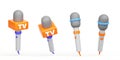 Tv news microphones isolated on white background 3d render icon set. Cartoon mics for media, journalist interview, live