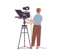 TV-operator or videographer in headphones working with camera and shooting video. Cameraman with professional studio