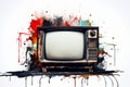 Tv with paint splattered background and paint spatula. Generative AI