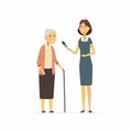 TV presenter interviewing senior woman - cartoon people character isolated illustration
