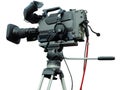 TV Professional studio digital video camera on tripod isolated over white Royalty Free Stock Photo