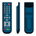 TV Remote Control in Dark blue Front, Side and Back View on white background.