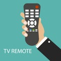 TV remote control. Distance control. Remote device. Hand holding TV remote. Green background. Vector illustration Royalty Free Stock Photo