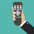 TV remote control. Distance control. Remote device. Hand holding TV remote. Green background. Vector illustration Royalty Free Stock Photo