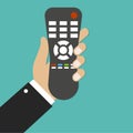 TV remote control. Distance control. Remote device. Hand holding TV remote. Green background. Vector illustration Royalty Free Stock Photo