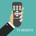 TV remote control. Distance control. Remote device. Hand holding TV remote. Green background. Vector illustration Royalty Free Stock Photo