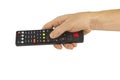 The TV remote control in the hand of man. Royalty Free Stock Photo