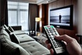 Tv remote controller in hand of customer looking for some content in Smart Tv app for streaming video. Watching Royalty Free Stock Photo
