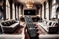 Tv remote controller in hand of customer looking for some content in Smart Tv app for streaming video. Watching Royalty Free Stock Photo