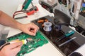 TV repair in the service center, engineer soldering electronic components