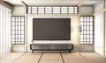 Mock up Tv room, smart tv on wall zen room very japanese stye and tatami floor.3D rendering