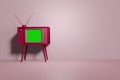 TV room. Vintage television on a pink background. Front view, copy space. 3d rendering