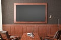 TV screen mockup on the brown wall with classic wooden decoration  in living room. Front view, clipping path around screen Royalty Free Stock Photo