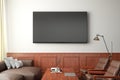 TV screen mockup on the white wall with classic wooden decoration  in living room. Front view, clipping path around screen Royalty Free Stock Photo