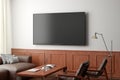 TV screen mockup on the white wall with classic wooden decoration  in living room. Side view, clipping path around screen Royalty Free Stock Photo