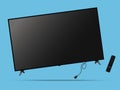 TV screen with remote control levitation on blue background Royalty Free Stock Photo