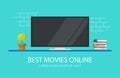 Tv screen or television movie online on desk vector illustration flat cartoon, concept of watching film in modern wall Royalty Free Stock Photo