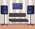 Tv set system in interior cinema home plasma television equipment widescreen sound speaker on stand Royalty Free Stock Photo