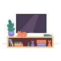 TV and a shelf with flowers, books, vases, and a cat. Living room in a flat style. Vector illustration Royalty Free Stock Photo