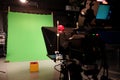 TV studio. Camcorder and green chromakey. Shooting television press news and movies