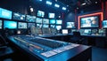 TV studio control room with multiple monitors displaying video feeds, large mixing board in foreground. Technical equipment, Royalty Free Stock Photo