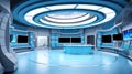 Tv Studio. News studio. News room. Modern living room interior design. Background for newscast. Backdrop for video or photo