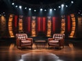 A TV studio set ready for an interview, elegant chairs and backdrop, professional lighting highlighting the set