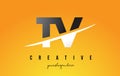 TV T V Letter Modern Logo Design with Yellow Background and Swoosh.