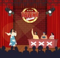 Tv talent show. Singer woman singing in front of live audience and jury, flat vector illustration. Television contest. Royalty Free Stock Photo