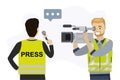 TV team wearing yellow vests. Cartoon male reporter holds microphone and talking. Journalist and cameraman filming a report