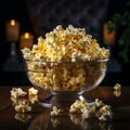 TV time treat Glass bowl filled with fresh, buttery popcorn