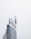 TV Tower. Aerial View of the Horizon With TV Tower on and Impressive Cloudy Landscape, Fog