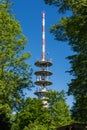 TV Tower on Blue Sky Green Trees Sunny Summer Wireless Communication Technology Engineering Architecture Royalty Free Stock Photo