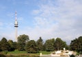 Tv tower Donauturm and fountain in Donau Park Vienna