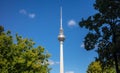 Tv tower, Fernsehturm, under Berlin`s blue sky background. Famous destination for vacation