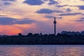 TV tower (130m) on GalaÃâºi Romania in the sunset mirroring the Danube river