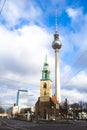 TV Tower and old church at Alexanderplatz, Berlin, Germany Royalty Free Stock Photo